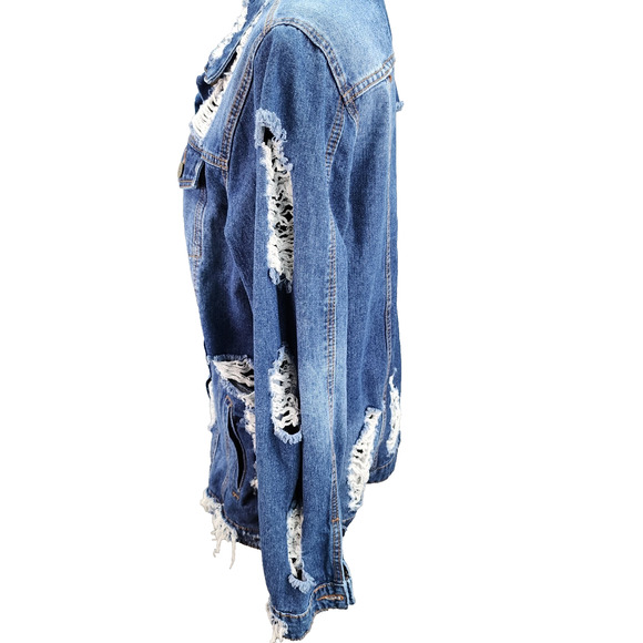 Mono B Longline Denim Jacket Women’s Large Distressed Destroyed Blue Jean Coat - Picture 4 of 14
